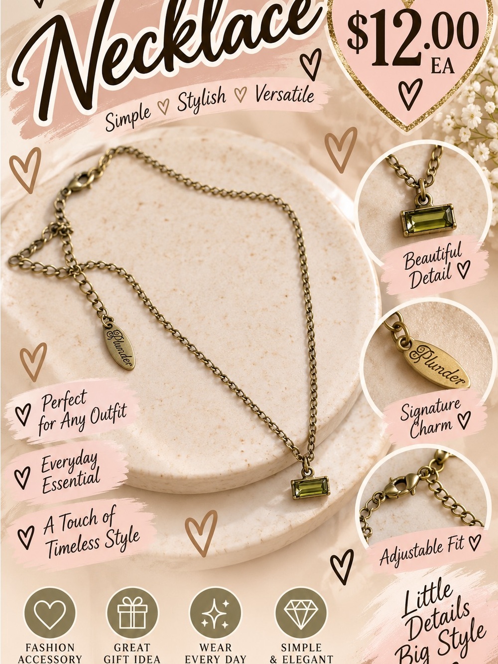 Plunder Olive Rectangular Baguette Pendant Necklace in Gold